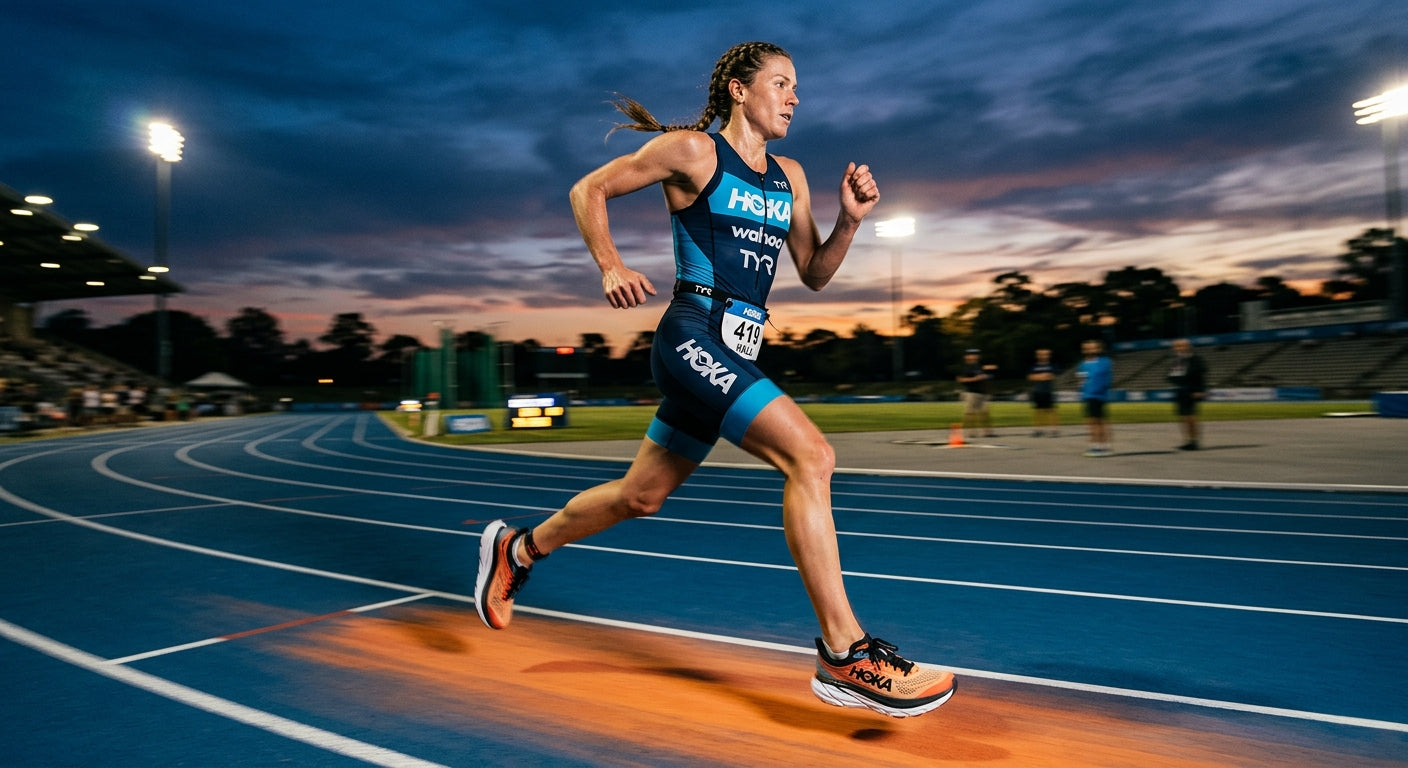 A professional triathlete running on a track at dusk, capturing motion blur and the structural design of the Hoka Skyflow 2.