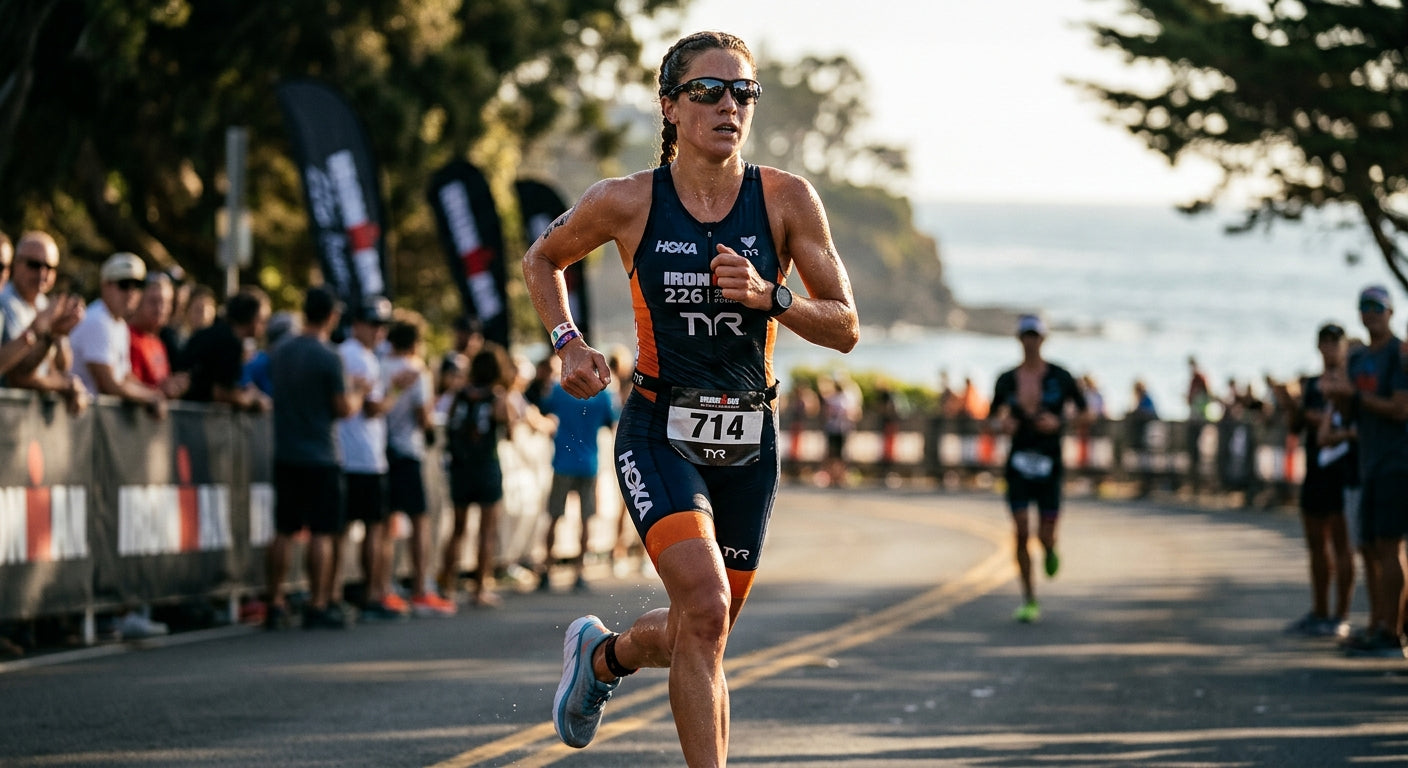 A professional triathlete wearing advanced prescription sports eyewear, captured in mid-motion with sharp, realistic sweat details and cinematic lighting.