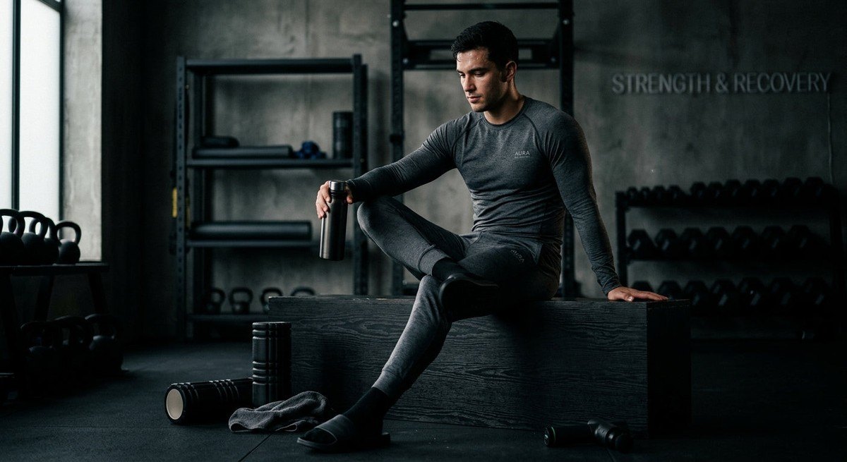 A recovery-focused athlete wearing comfortable compression loungewear after a rigorous workout in a moody, high-contrast studio setting.