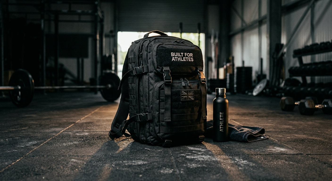 A rugged Built for Athletes 35L backpack resting on a gym floor with moody cinematic lighting and sharp textures.