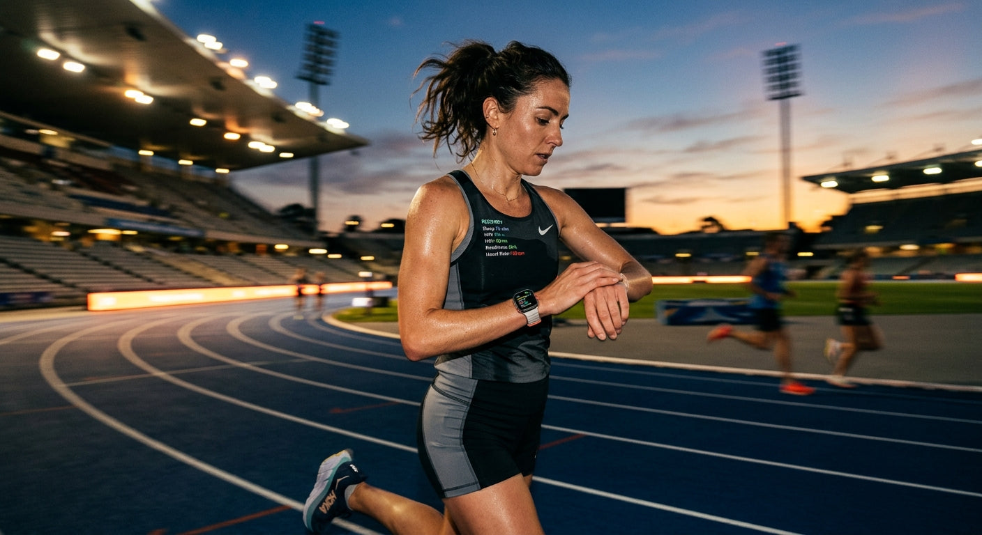 A runner checking their recovery data on an Apple Watch at dawn, capturing the motion blur and atmospheric stadium lighting.