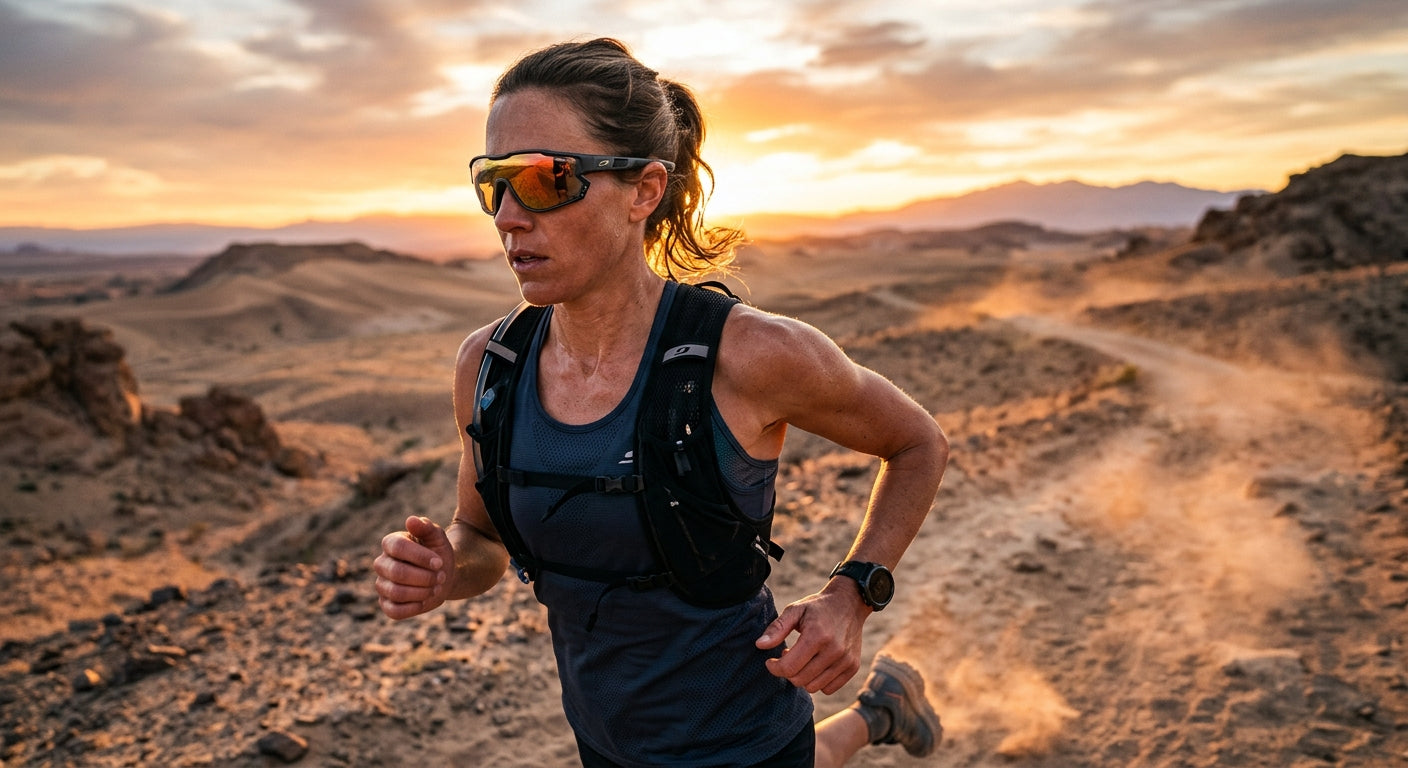 A runner in a desert landscape during sunrise, wearing modern athletic sunglasses, showcasing the realistic textures and fine details of the frame materials.