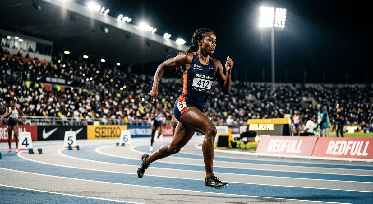 A runner in a professional stadium setting, illuminated by bright floodlights, focusing on the intense concentration and athletic form.