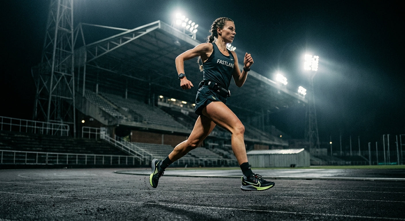 A runner in a stadium environment under dramatic, moody floodlights, showcasing the sleek profile of a modern trail racing shoe.