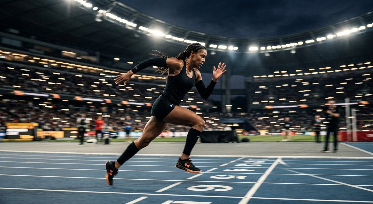 A runner in a stadium setting, illuminated by dramatic artificial lights with motion blur to convey speed and power.