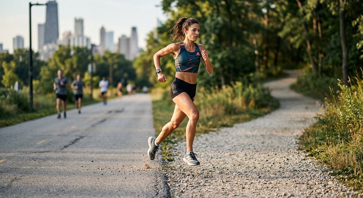 A runner in athletic gear transitioning from a paved city path to a light gravel trail, captured with sharp fine details and a professional high-speed photography aesthetic.