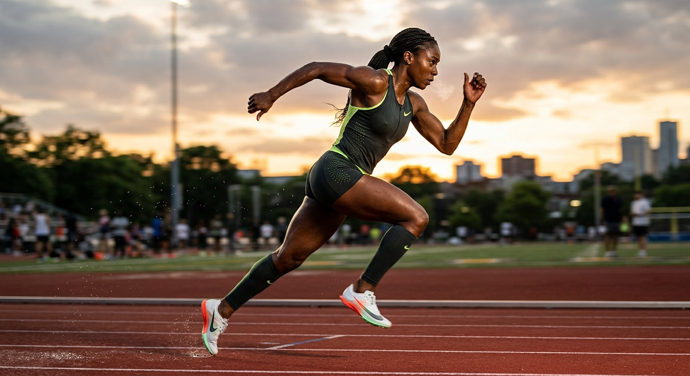 A runner in high-performance athletic gear performing an interval sprint, captured with sharp detail and cinematic lighting to emphasise speed and movement.