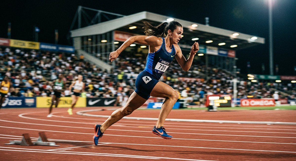 A runner in intense motion during a high-speed stadium sprint, captured with dramatic contrast and athletic motion blur.
