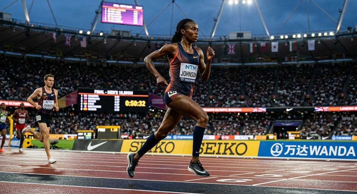 A runner in mid-stride during a high-stakes competition, showcasing realistic textures and dramatic environmental lighting.