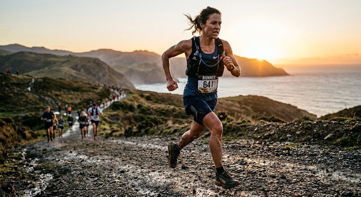 A runner in mid-stride during a sunset race, highlighting the gritty textures and high-speed action of an endurance event.