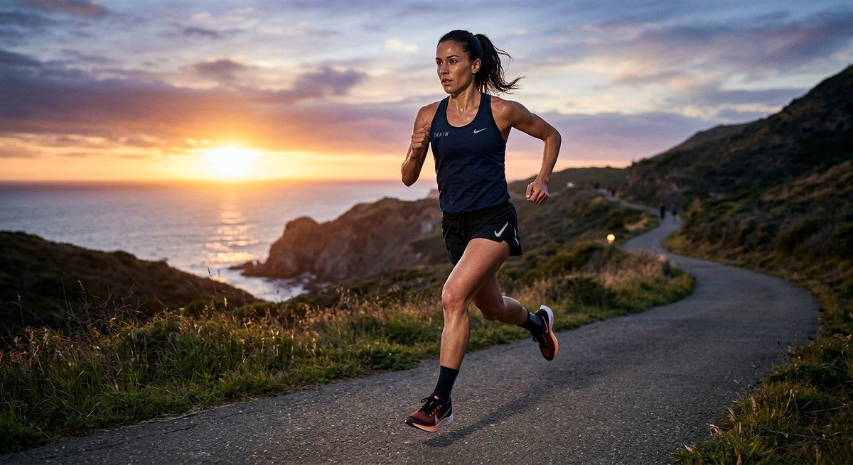 A runner in mid-stride during a sunset training session, captured with professional sports photography techniques and moody atmosphere.