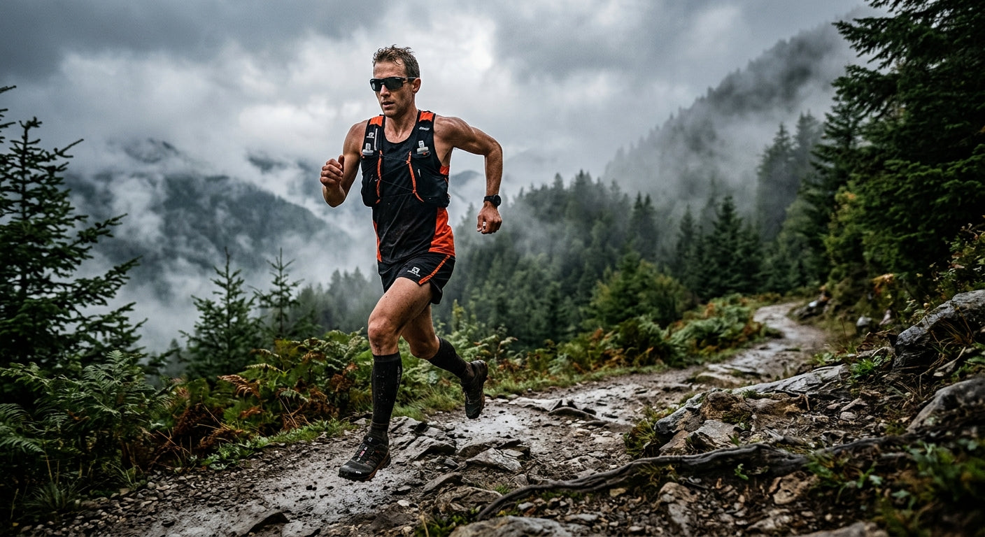 A runner in mid-stride on a misty mountain trail, focusing on the high-contrast clarity of the Julbo Reactiv lenses in variable light conditions.