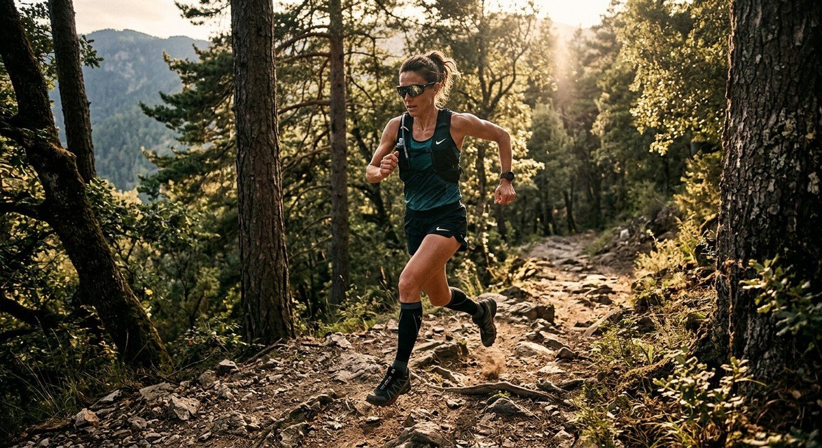 A runner in mid-stride on a rugged trail, wearing Nike Vision Blaze sunglasses, with sharp textures and high-contrast sunlight filtering through trees.