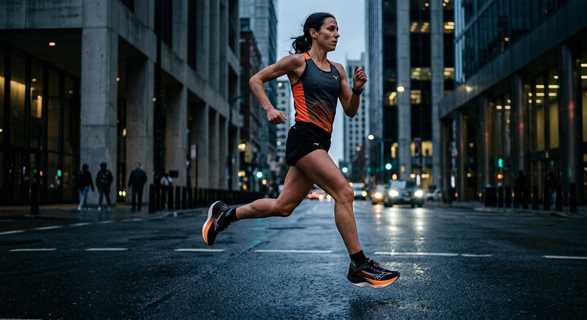 A runner in mid-stride wearing the Mizuno Wave Rebellion Pro 4, showcasing the radical rocker geometry against a moody, urban background.