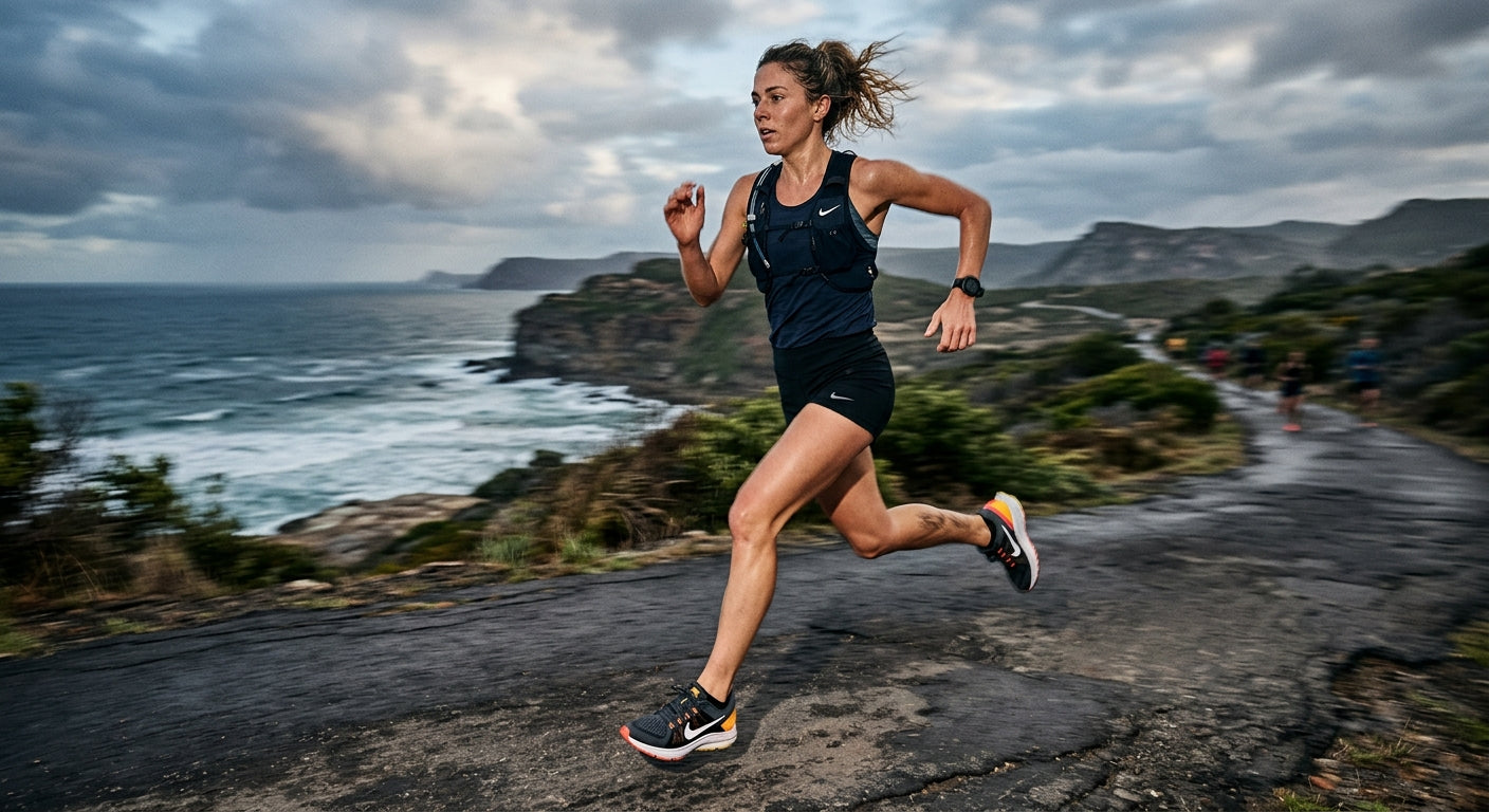 A runner in mid-stride wearing the Nike Winflo 12, showing motion blur and high-contrast textures.
