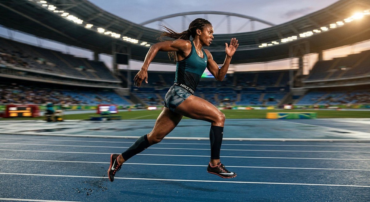 A runner in mid-stride with intense focus, showcasing cinematic motion blur and sharp athletic textures during a stadium track workout.