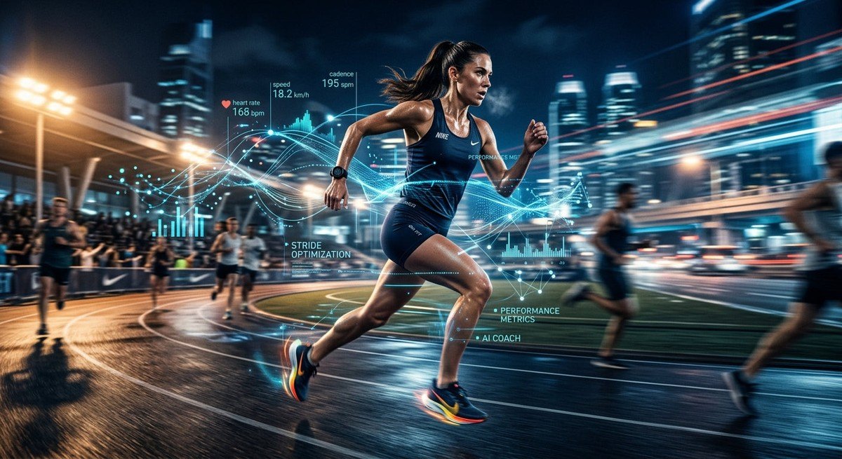 A runner in motion blur captured with professional sports photography techniques, highlighting the synergy between human effort and invisible AI data streams.