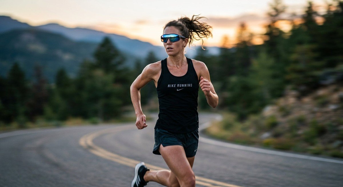 A runner in motion with blurred background, highlighting the sleek, aerodynamic profile of performance eyewear.