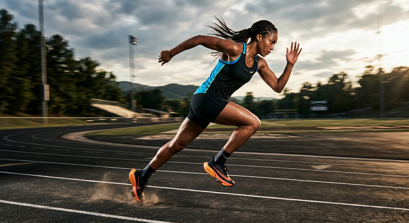 A runner mid-stride in a high-speed action shot, showcasing the movement and kinetic energy of athletic performance with sharp, high-contrast lighting.
