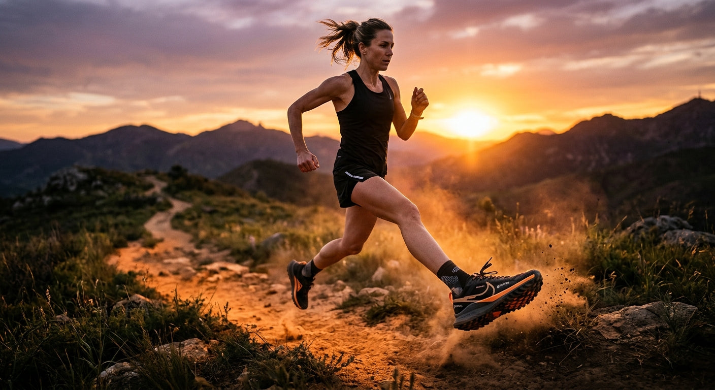A runner mid-stride on a dusty trail at sunset, highlighting the sleek silhouette of a modern trail shoe.
