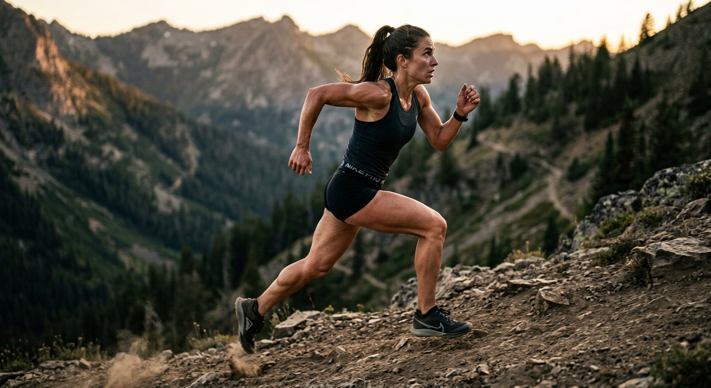 A runner mid-stride on a steep hill, captured with high-speed photography showing muscle definition and intense focus.