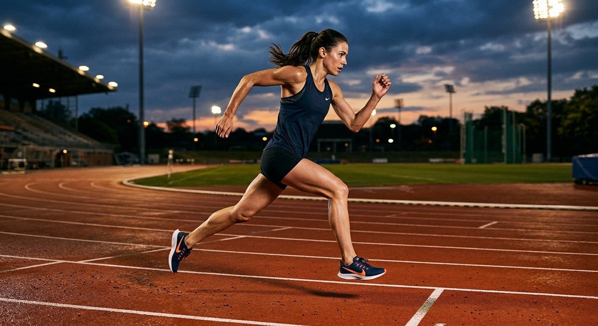 A runner mid-stride on a track during a twilight training session, featuring deep contrast, realistic muscle texture, and professional photographic composition.