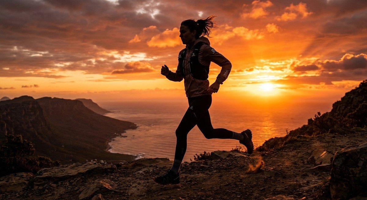 A runner silhouetted against a dramatic sunset, with the focus on the sharp fine details of the high-performance lens technology and frame geometry.
