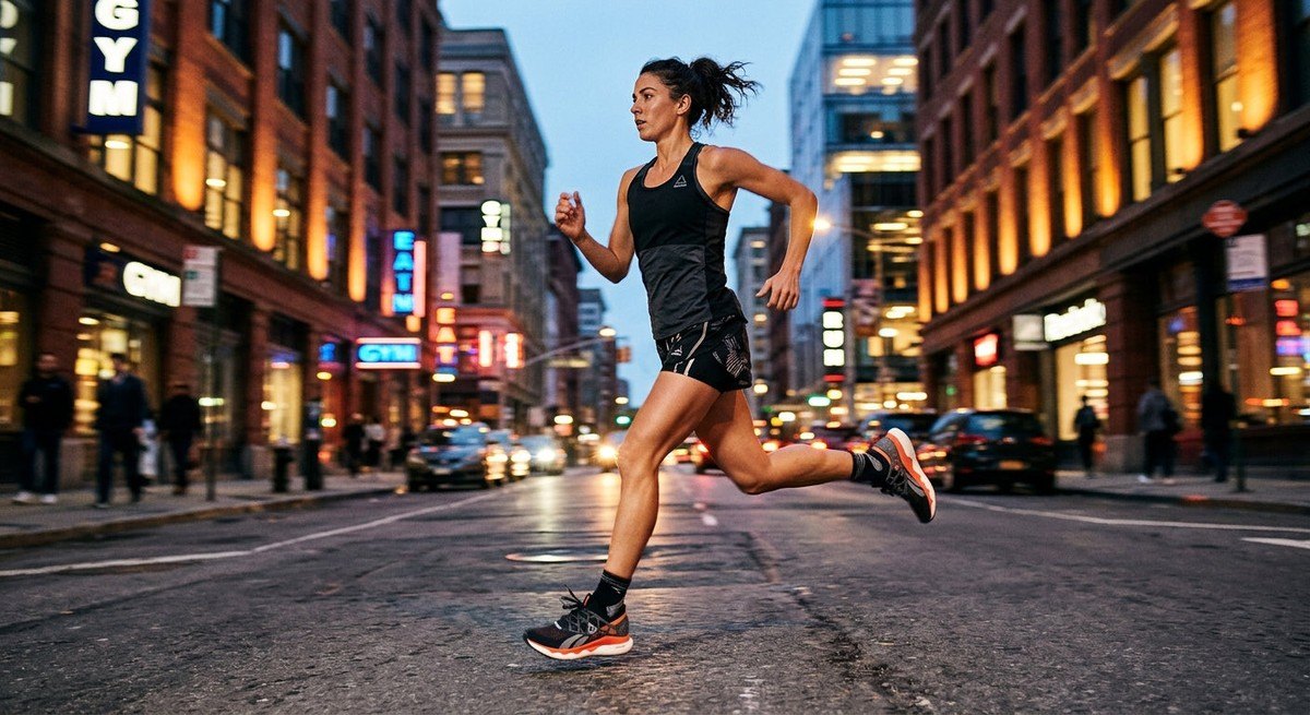 A runner wearing the Reebok FloatZig Double, captured in motion with a dramatic motion blur effect against an urban background.