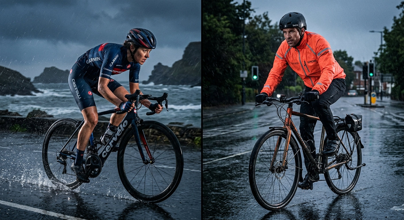 A side-by-side comparison of a racing cyclist and a commuter wearing performance gear, captured in a professional athletic action shot during a storm.