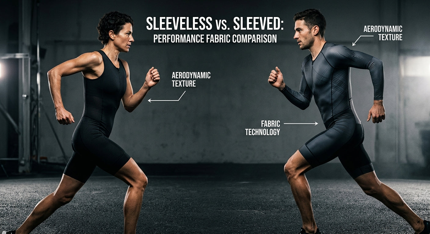 A side-by-side comparison of a sleeved and sleeveless trisuit on professional athletes, highlighting the aerodynamic textures and fabric quality in a moody, high-contrast studio setting.