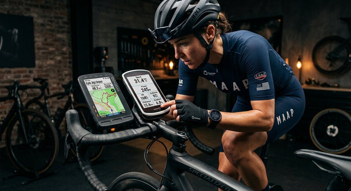 A side-by-side comparison of premium bike computer screens showing detailed navigation maps and performance metrics in a studio setting.