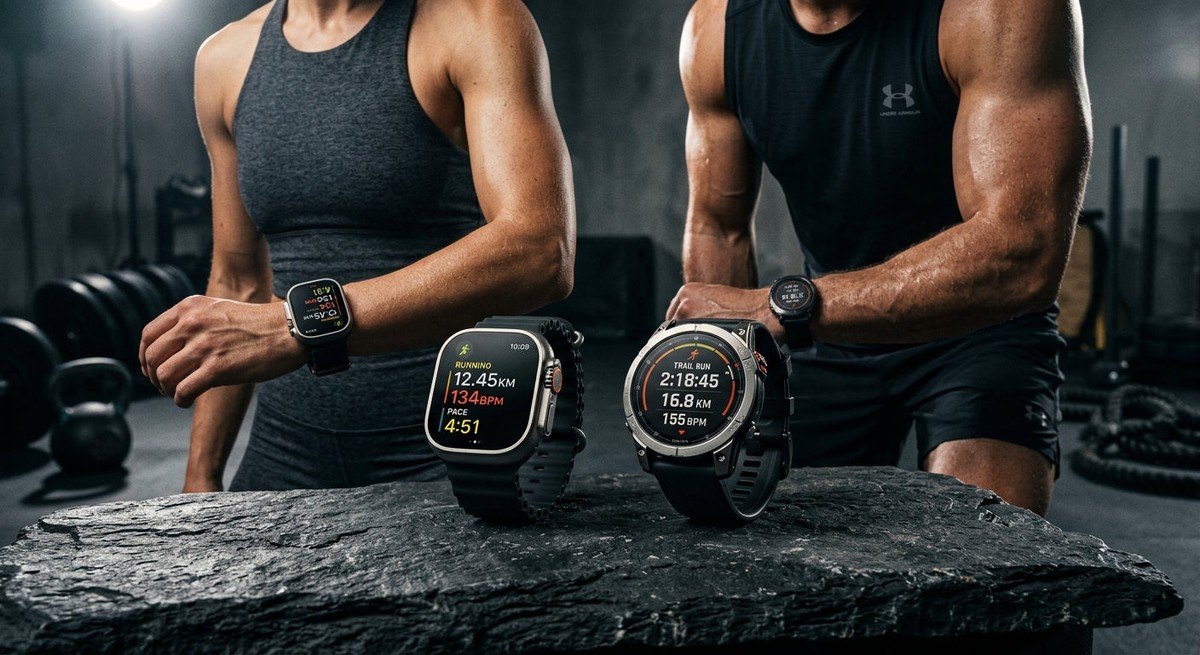 A side-by-side comparison of the Apple Watch Ultra 3 and Garmin Epix Pro displayed on a dark, textured surface with cinematic studio lighting.