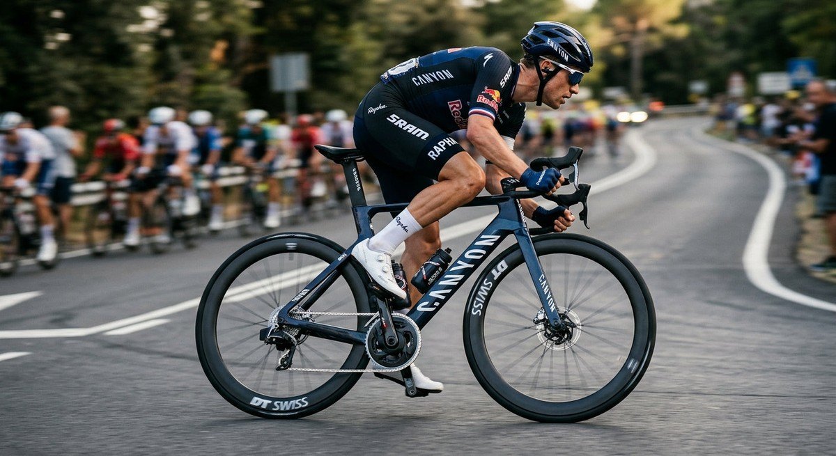 A side-profile action shot of a cyclist sprinting in a race, with a motion-blurred background and sharp focus on the drivetrain components.