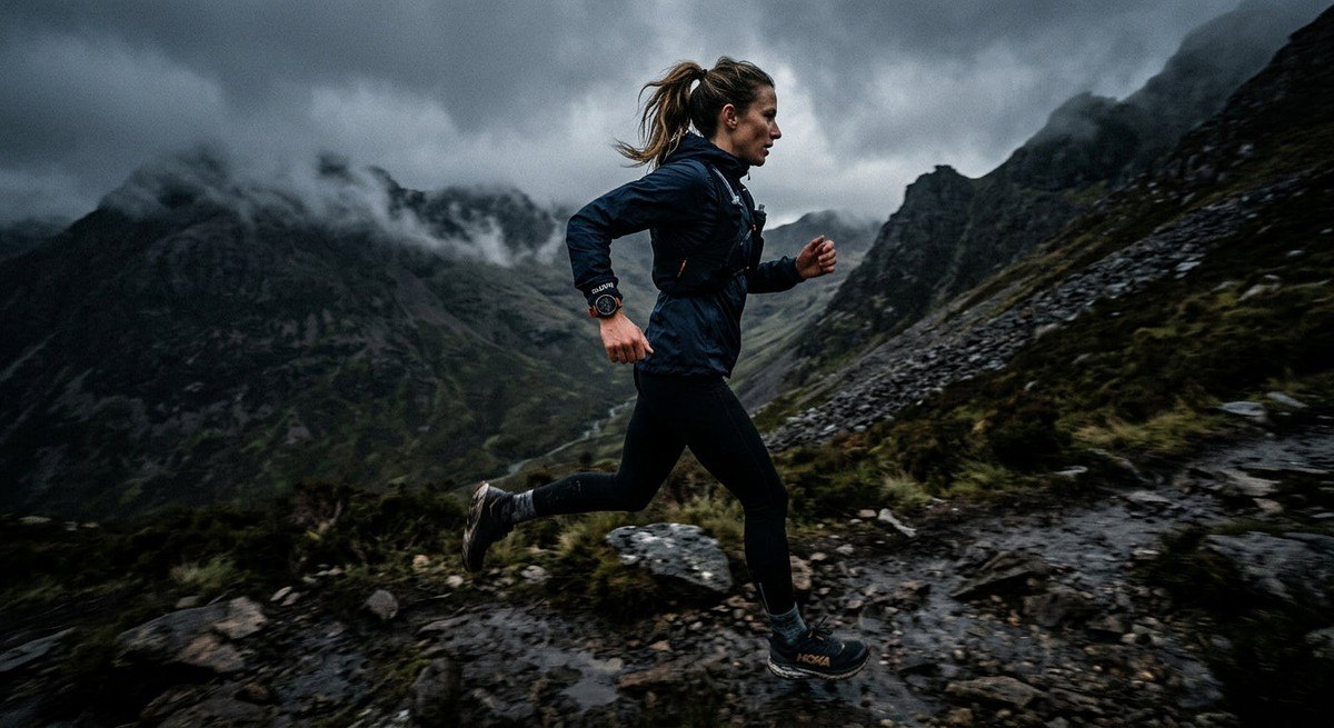 A side-profile action shot of a trail runner in motion, featuring the Suunto Vertix 3 with motion blur in a moody, high-contrast outdoor environment.