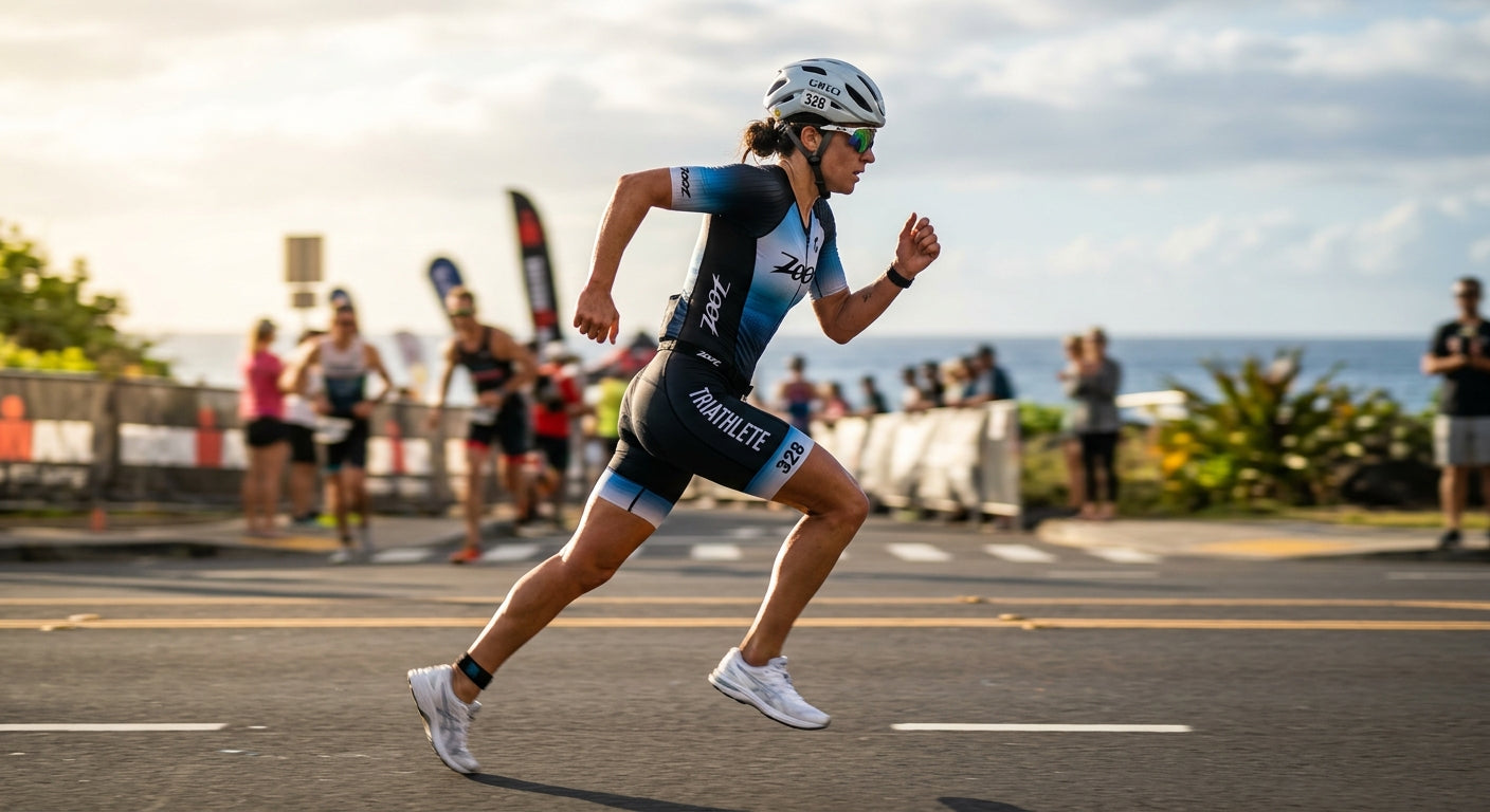 A side-profile action shot of a triathlete in a speed suit using high-performance eyewear during a high-speed sprint.