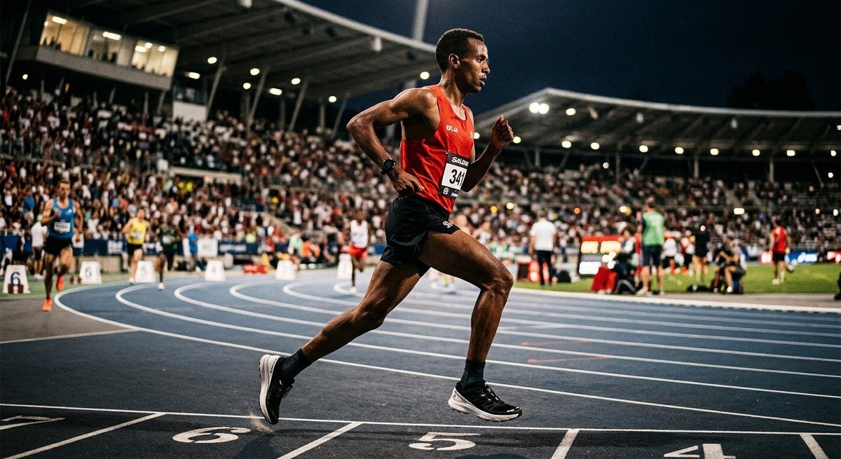 A side profile of a runner wearing Salomon S/Lab Phantasm 3 shoes, captured in a dramatic, high-contrast stadium lighting setup during a race.