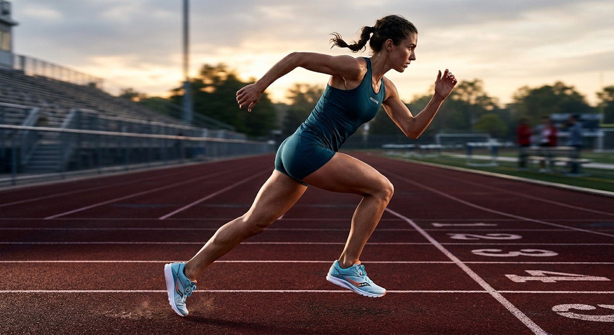 A side profile of an athlete wearing the Saucony Kinvara 17 during a sprint, highlighting the sleek silhouette and athletic design.