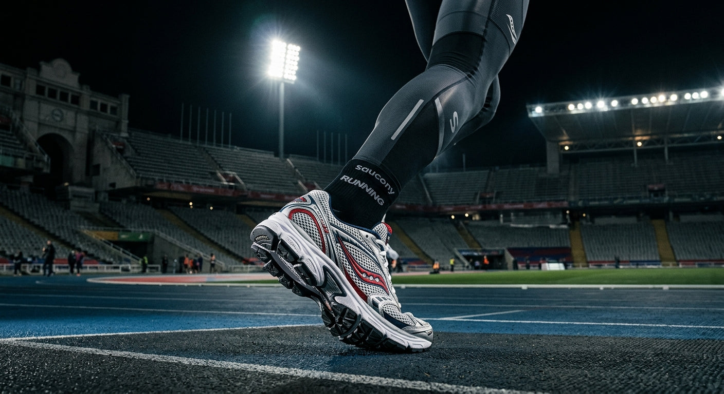 A side profile of the Saucony ProGrid Triumph 4 showing the geometric outsole design against a dramatic, dark stadium background.