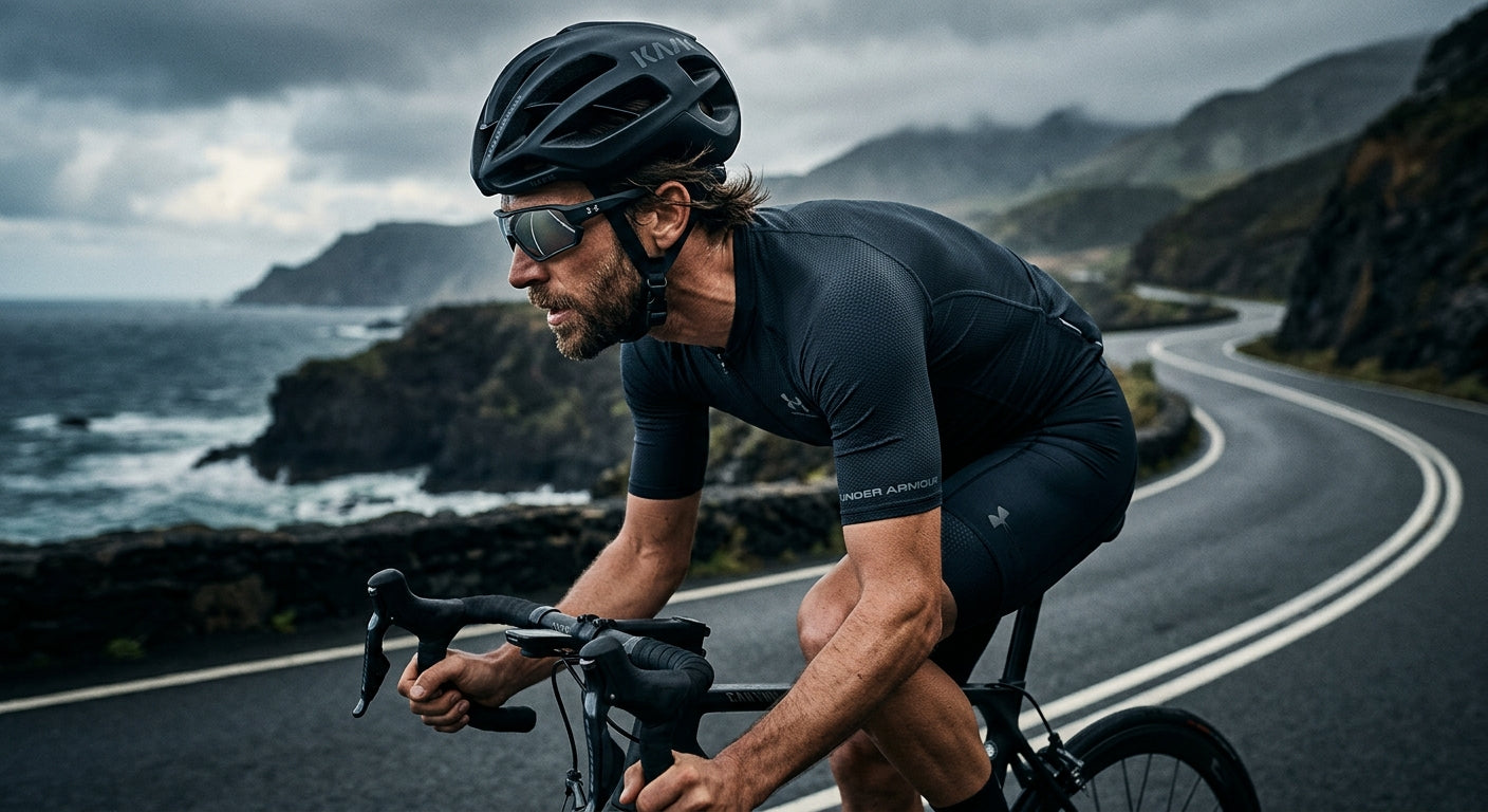 A side-profile shot of a cyclist wearing UA Sportate sunglasses, highlighting the aerodynamic wrap and secure temple fit in a moody, high-contrast environment.