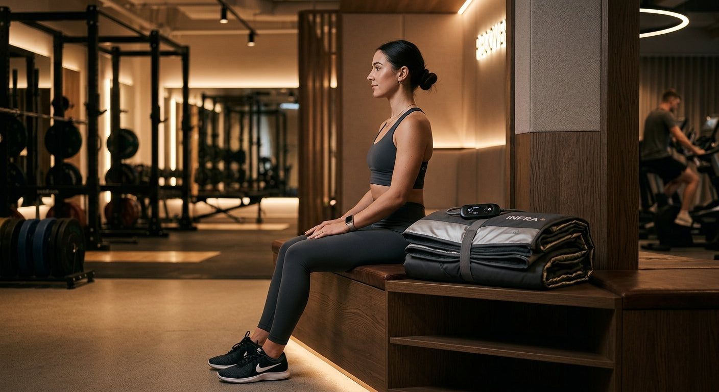 A side-profile shot of a high-tech recovery zone featuring a neatly folded infrared sauna blanket, with ambient atmospheric lighting and professional gym equipment in the blurred background.