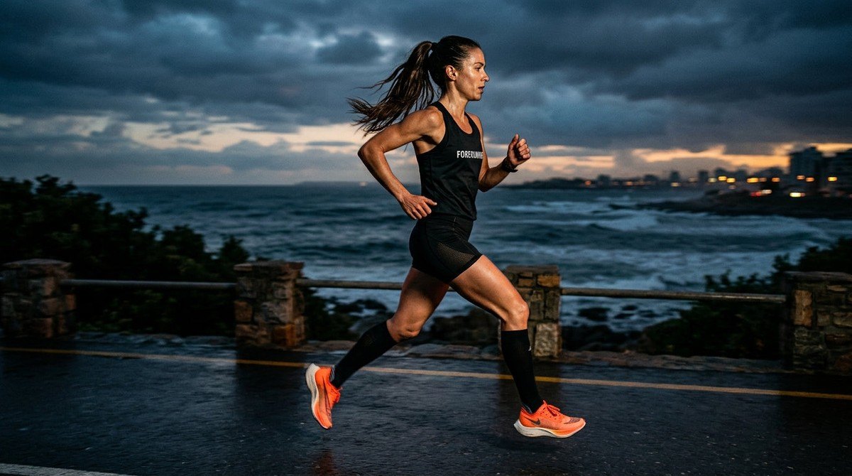 A side-profile shot of a long-distance runner in motion under moody, high-contrast cinematic lighting.