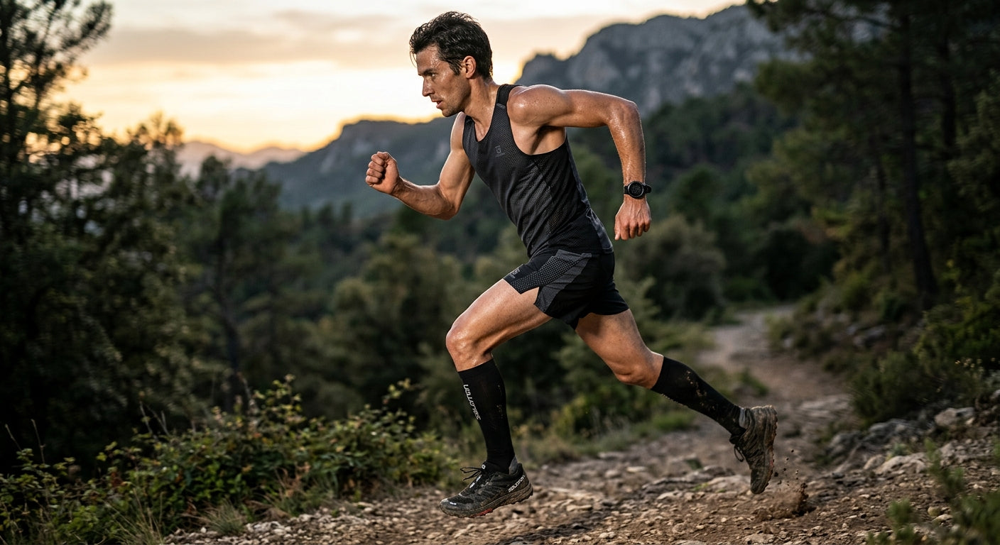 A side-profile shot of a runner in motion, highlighting the texture of athletic performance gear and intense focus.
