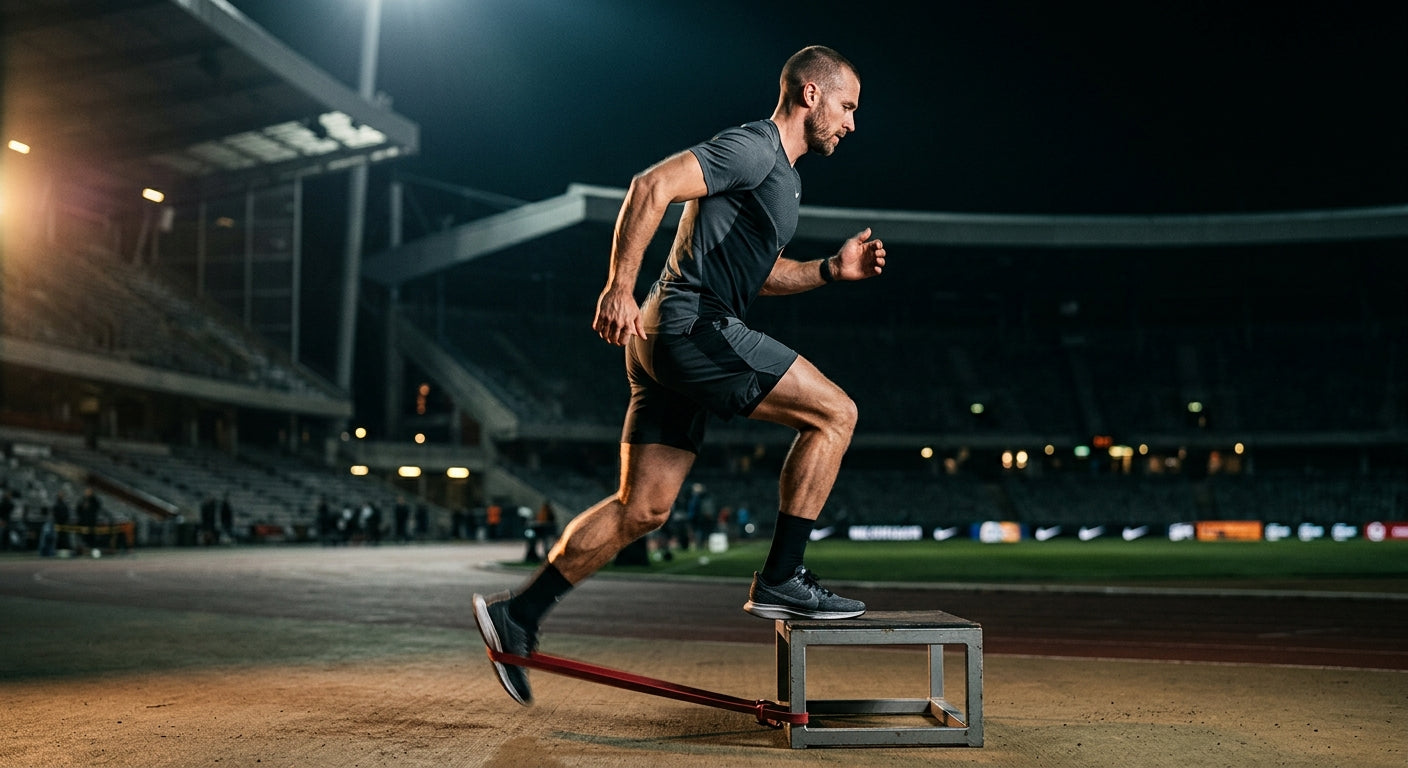 A side-profile shot of a runner using heavy-duty resistance bands to perform an eccentric calf strengthening exercise with sharp motion blur and a dark, stadium background.