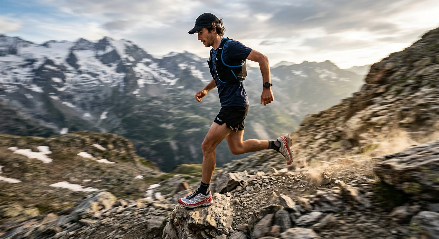 A side-profile shot of a trail runner navigating a technical descent in Salomon XT-4 OG shoes, featuring motion blur on the rocky alpine terrain.