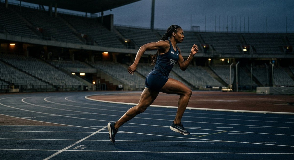 A side-profile shot of an athlete in a stadium under cinematic moody lighting, emphasising posture and efficient running form with high-contrast textures.
