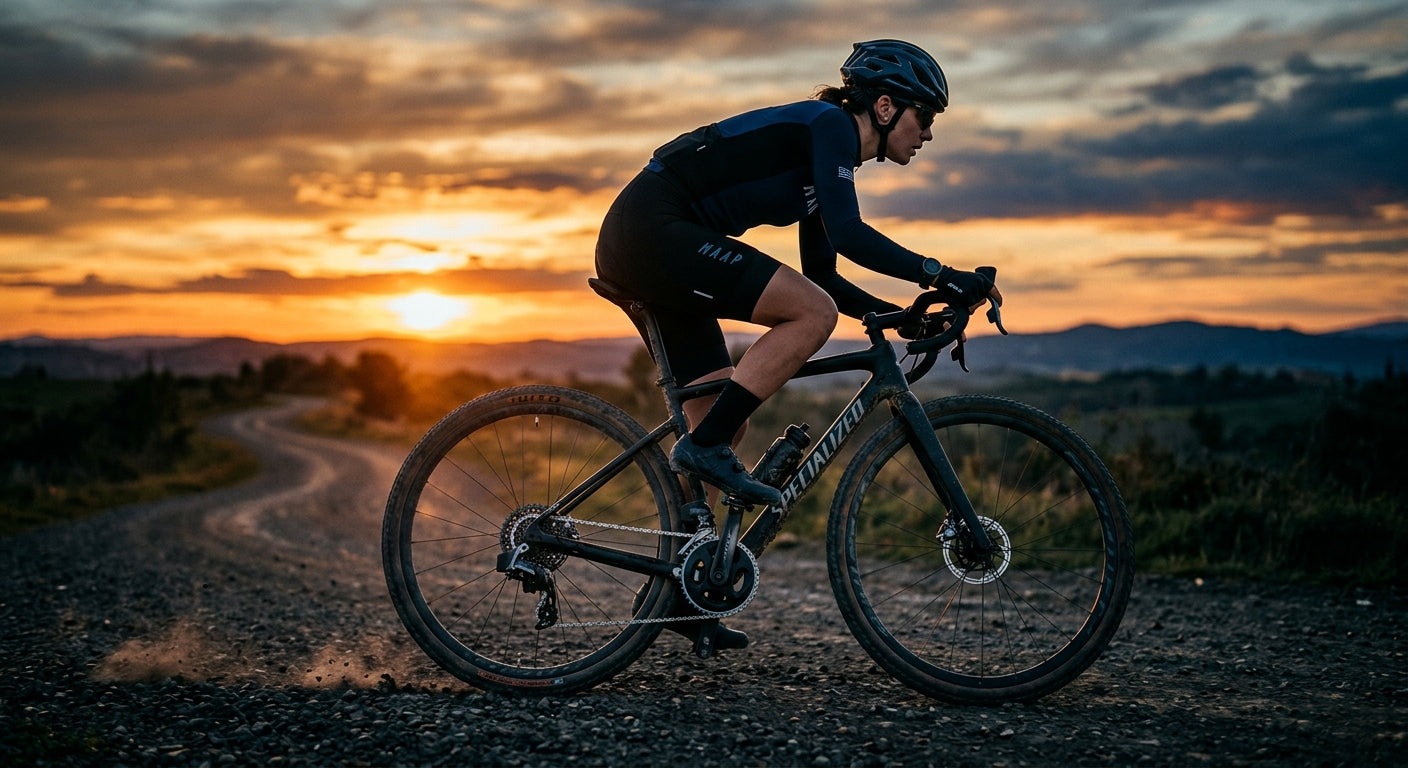 A side-profile shot of an athlete on a gravel bike during a sunset, featuring dramatic contrast and sharp focus on the mechanical components.