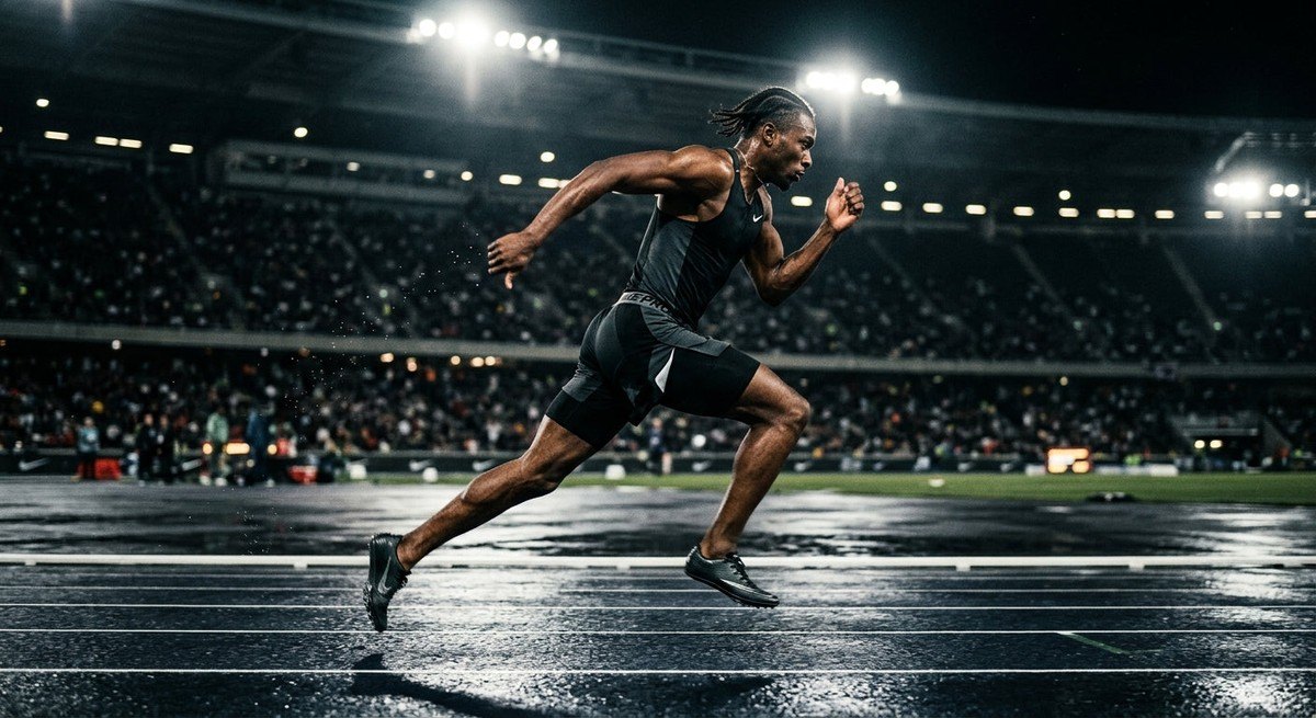 A side-profile shot of an athlete sprinting on a dark, wet track with dramatic stadium lights creating a moody, high-contrast atmosphere and realistic motion blur.