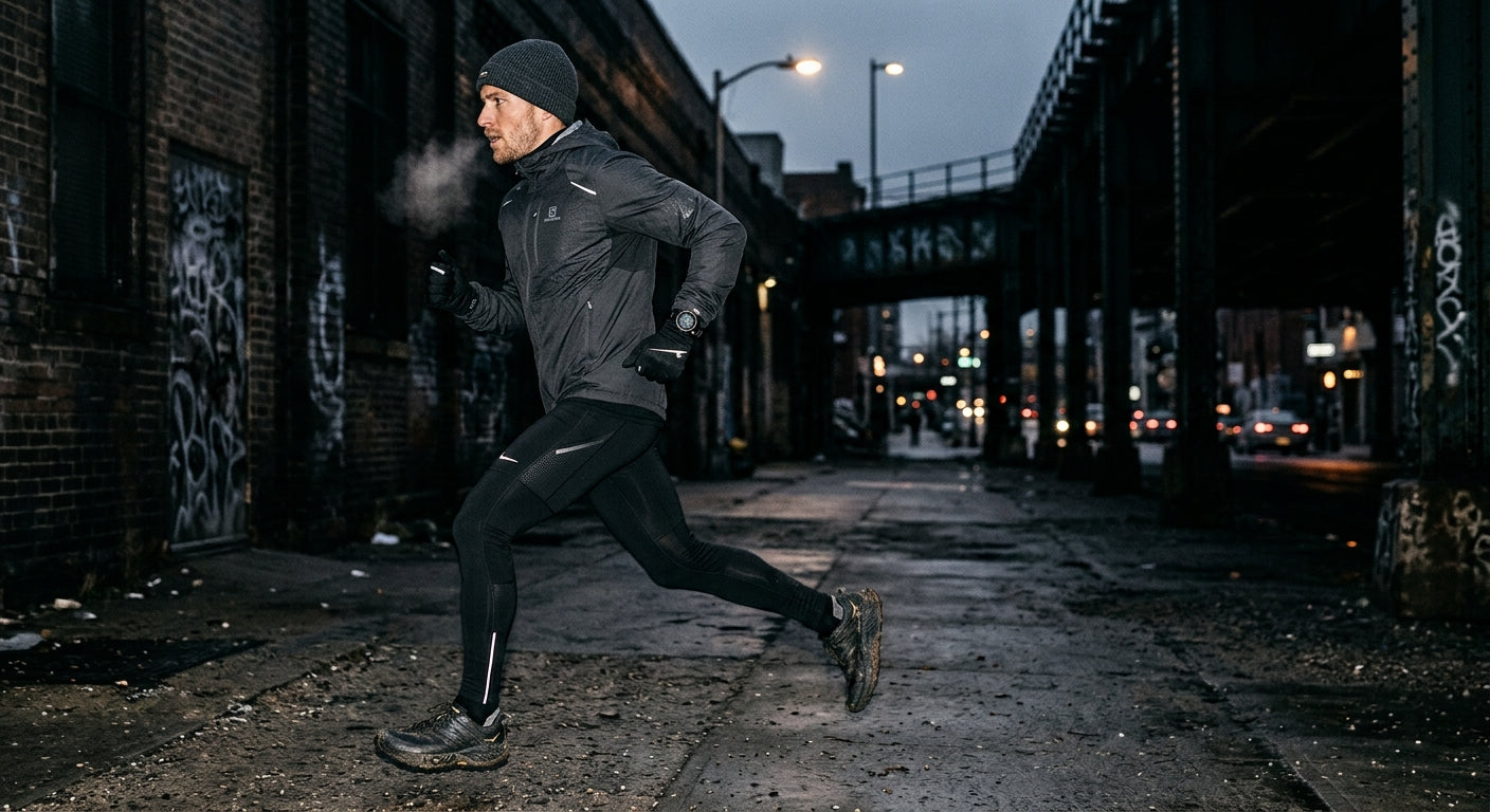 A side-profile shot of an athlete training outdoors in winter, capturing the sharp details of their gear against a dark, high-contrast urban backdrop.