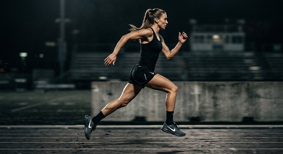A side-profile shot of an athlete wearing the Nike Revolution 9, highlighting the sleek silhouette and motion blur against a dark, moody background to emphasise speed.