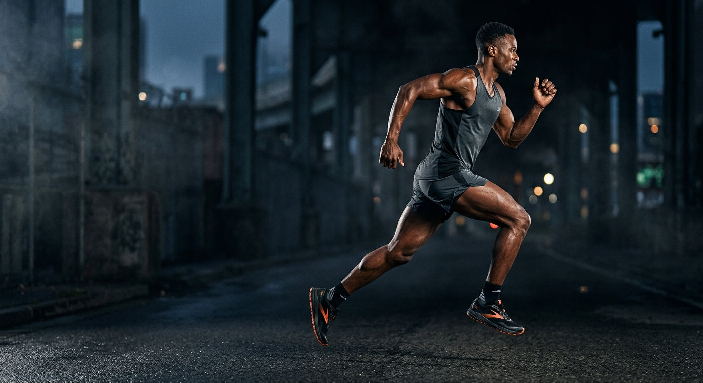 A side-profile shot of an athletic runner in motion against a dark moody background highlighting muscle definition